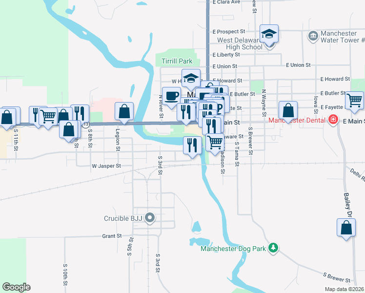 map of restaurants, bars, coffee shops, grocery stores, and more near 200 W Main St in Manchester