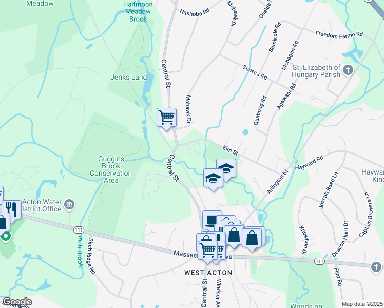 map of restaurants, bars, coffee shops, grocery stores, and more near 4 Elm Street in Acton