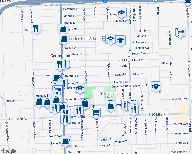 map of restaurants, bars, coffee shops, grocery stores, and more near 8357 Central Street in Center Line