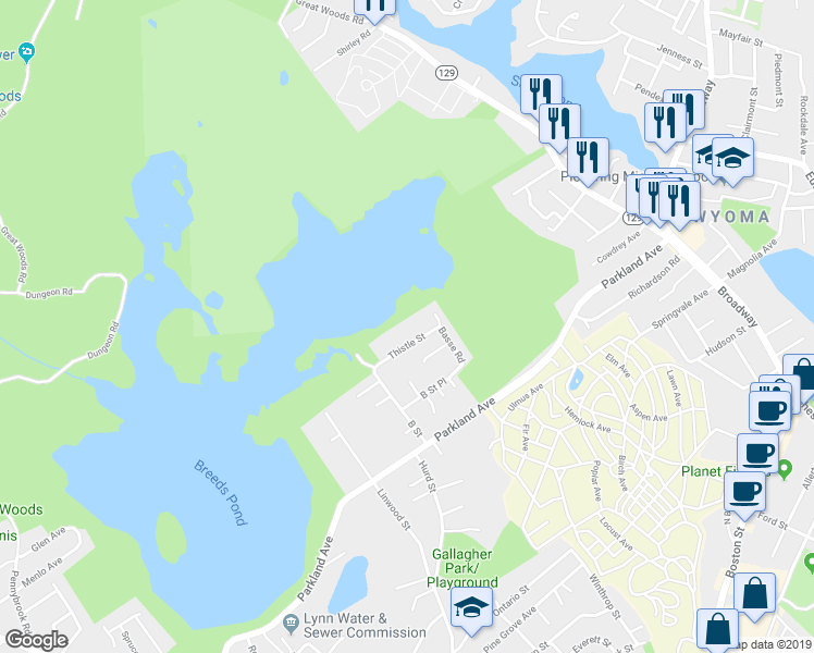 map of restaurants, bars, coffee shops, grocery stores, and more near 42 Thistle Street in Lynn