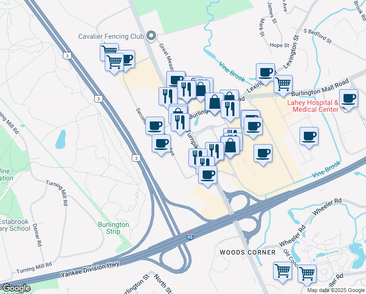 map of restaurants, bars, coffee shops, grocery stores, and more near 50 South Avenue in Burlington