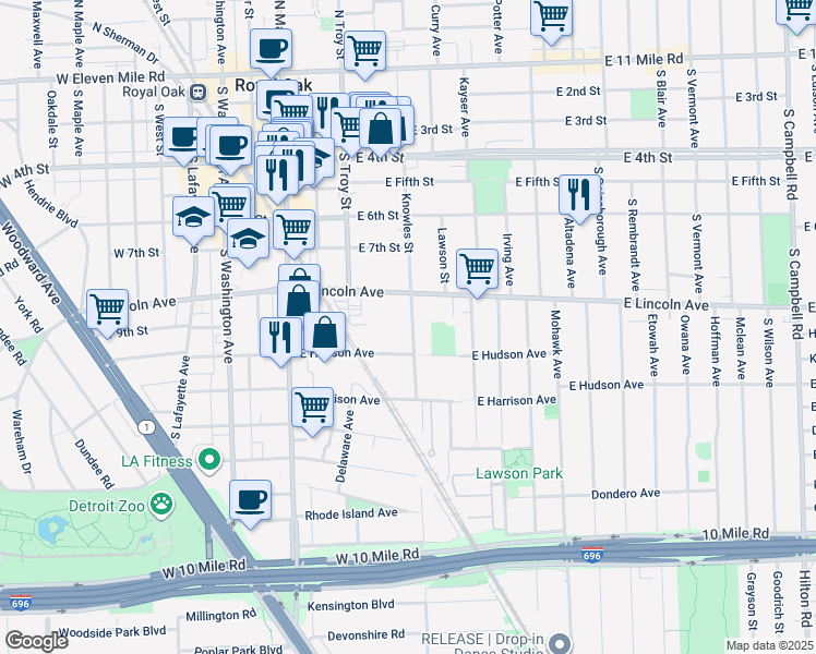 map of restaurants, bars, coffee shops, grocery stores, and more near 830 Knowles Street in Royal Oak