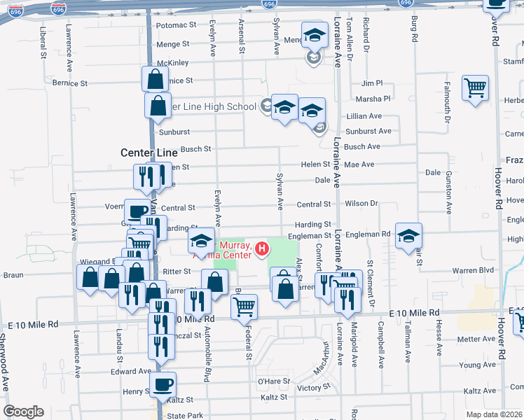 map of restaurants, bars, coffee shops, grocery stores, and more near 8441 Central Street in Center Line