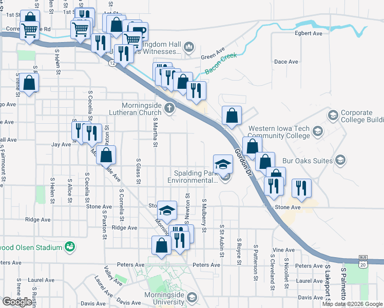 map of restaurants, bars, coffee shops, grocery stores, and more near 800-998 S Newton St in Sioux City