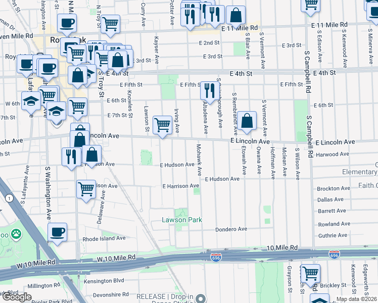 map of restaurants, bars, coffee shops, grocery stores, and more near 902 East Lincoln Avenue in Royal Oak