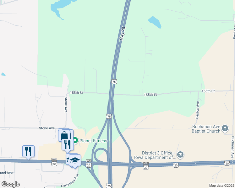 map of restaurants, bars, coffee shops, grocery stores, and more near 1453 155th Street in Sioux City