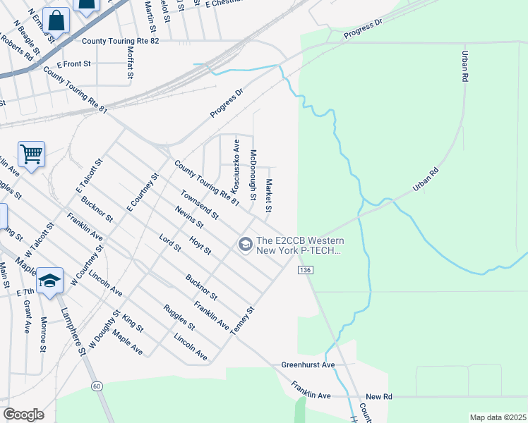 map of restaurants, bars, coffee shops, grocery stores, and more near 11 Market Street in Dunkirk