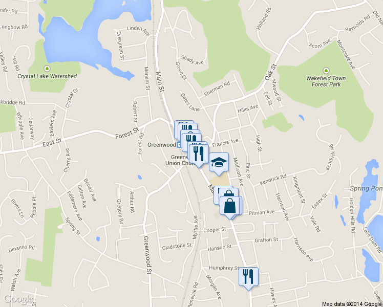 map of restaurants, bars, coffee shops, grocery stores, and more near Main St & Oak St in Wakefield