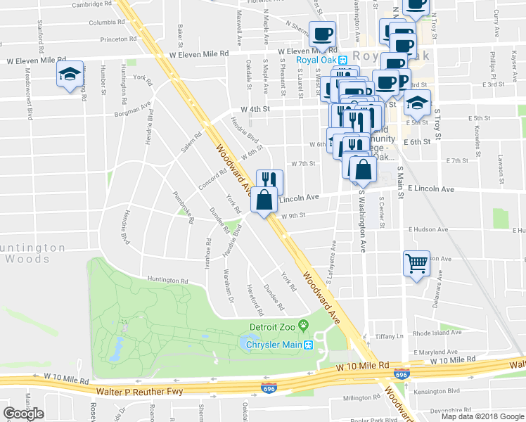 map of restaurants, bars, coffee shops, grocery stores, and more near 855 West Lincoln Avenue in Royal Oak