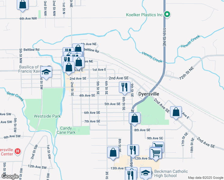 map of restaurants, bars, coffee shops, grocery stores, and more near 625 3rd Avenue Southeast in Dyersville