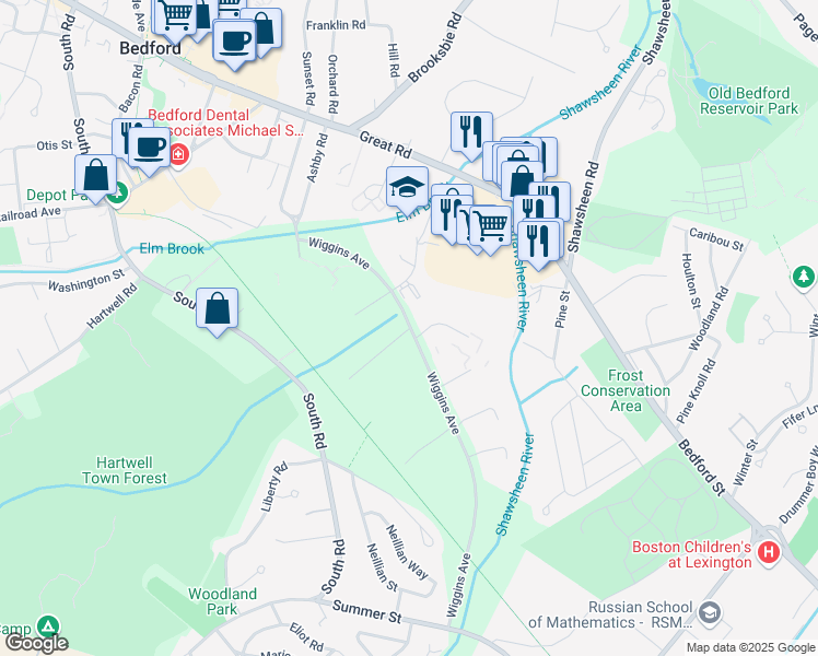 map of restaurants, bars, coffee shops, grocery stores, and more near 1 Patriots Park in Bedford