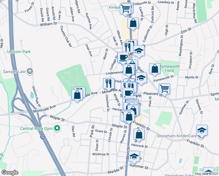 map of restaurants, bars, coffee shops, grocery stores, and more near 22 Flint Avenue in Stoneham