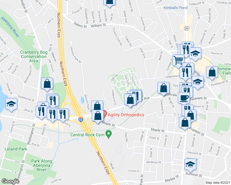 map of restaurants, bars, coffee shops, grocery stores, and more near 200 Ledgewood Drive in Stoneham