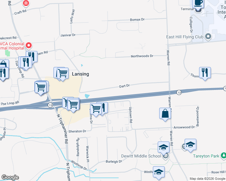 map of restaurants, bars, coffee shops, grocery stores, and more near 22 Dart Drive in Ithaca
