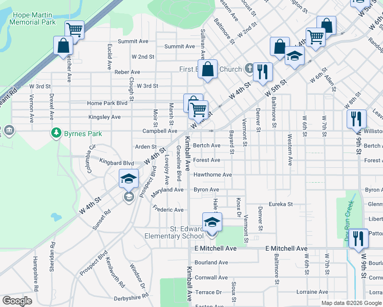 map of restaurants, bars, coffee shops, grocery stores, and more near 114 Bertch Avenue in Waterloo