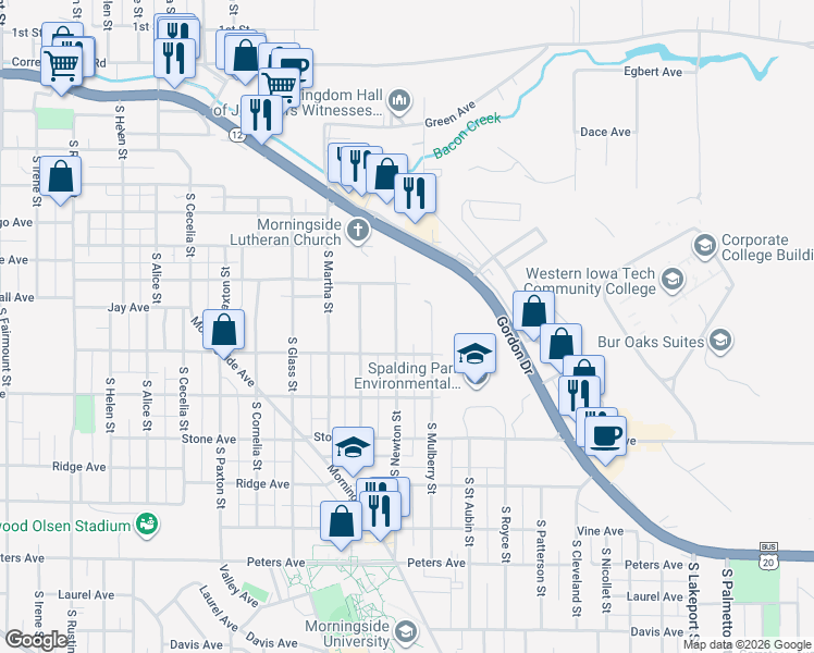 map of restaurants, bars, coffee shops, grocery stores, and more near 800-998 S Newton St in Sioux City