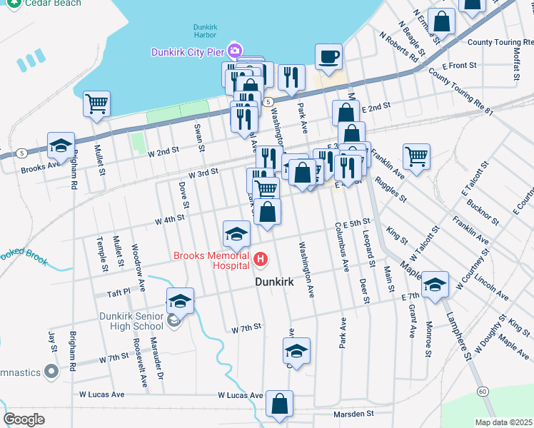 map of restaurants, bars, coffee shops, grocery stores, and more near 8 West 4th Street in Dunkirk