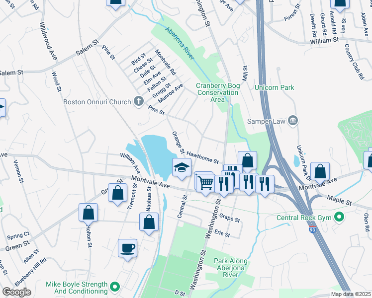 map of restaurants, bars, coffee shops, grocery stores, and more near 2 Carter Road in Woburn