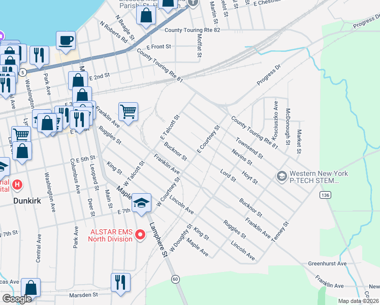 map of restaurants, bars, coffee shops, grocery stores, and more near 153 Lord Street in Dunkirk