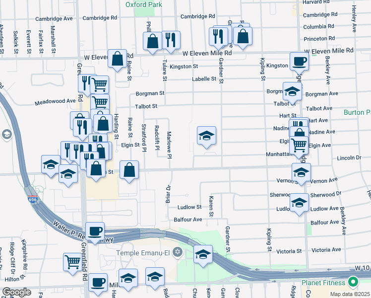 map of restaurants, bars, coffee shops, grocery stores, and more near 14700 Lincoln Street in Oak Park