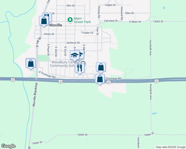 map of restaurants, bars, coffee shops, grocery stores, and more near 20 6th Street in Moville