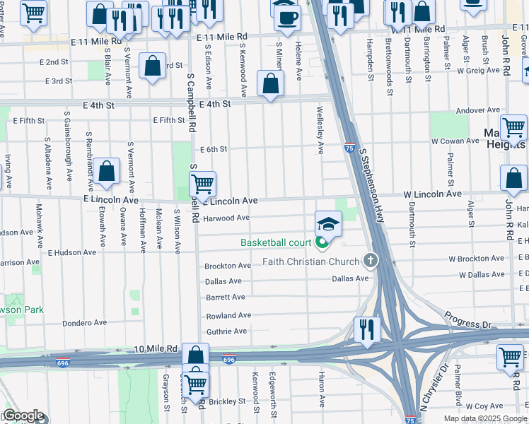 map of restaurants, bars, coffee shops, grocery stores, and more near 2102 East Lincoln Avenue in Royal Oak