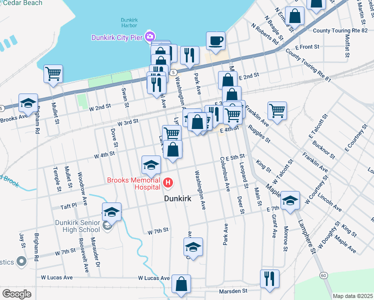 map of restaurants, bars, coffee shops, grocery stores, and more near 31 East 4th Street in Dunkirk