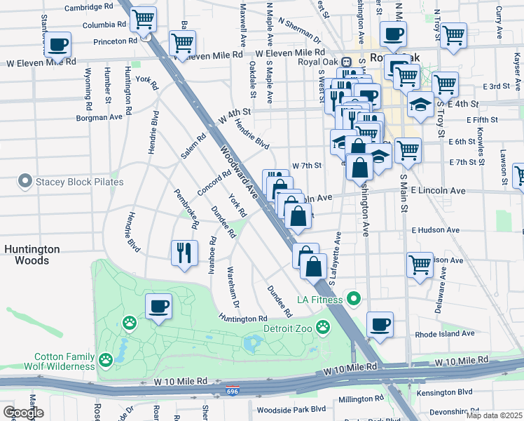 map of restaurants, bars, coffee shops, grocery stores, and more near in Royal Oak