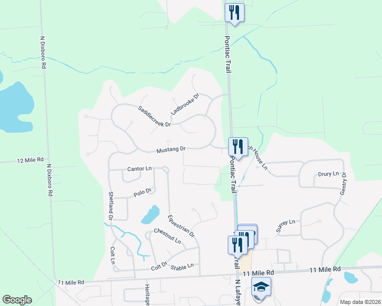 map of restaurants, bars, coffee shops, grocery stores, and more near 61368 Mustang Drive in South Lyon