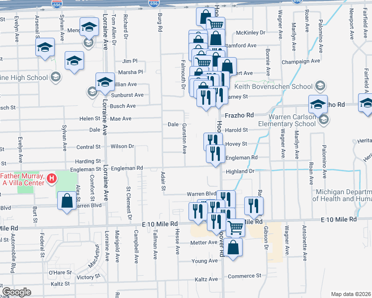 map of restaurants, bars, coffee shops, grocery stores, and more near 25540 Gunston Avenue in Warren