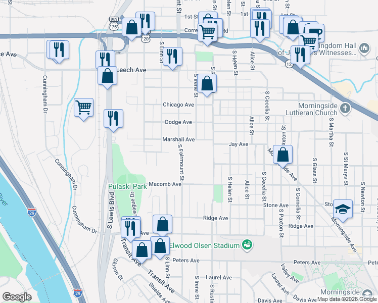 map of restaurants, bars, coffee shops, grocery stores, and more near 2750-2798 Marshall Avenue in Sioux City