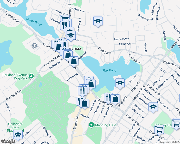 map of restaurants, bars, coffee shops, grocery stores, and more near 33-33A Sweetser Terrace in Lynn
