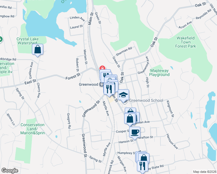map of restaurants, bars, coffee shops, grocery stores, and more near in Wakefield