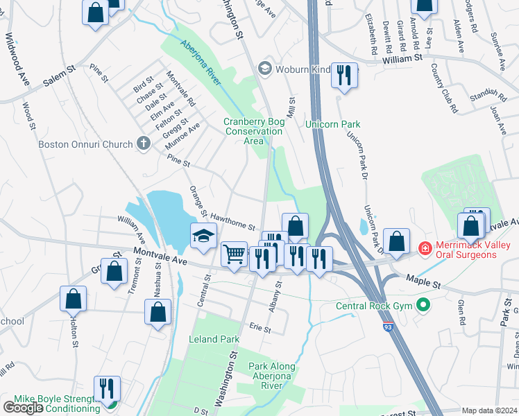 map of restaurants, bars, coffee shops, grocery stores, and more near 128 Washington Street in Woburn