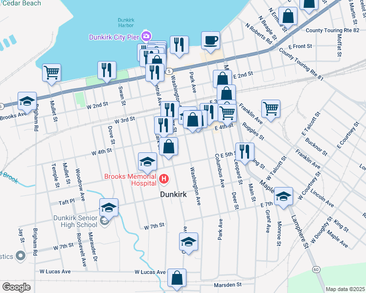 map of restaurants, bars, coffee shops, grocery stores, and more near 31 East 4th Street in Dunkirk