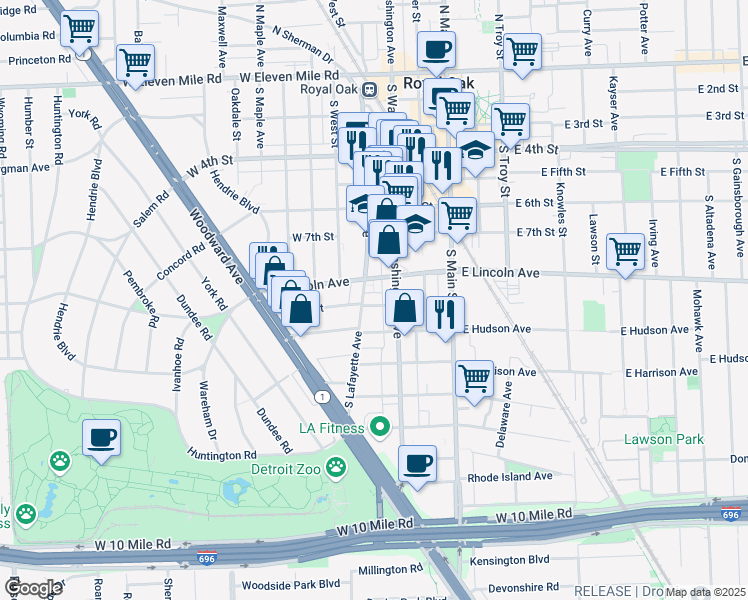 map of restaurants, bars, coffee shops, grocery stores, and more near 806 South Lafayette Avenue in Royal Oak