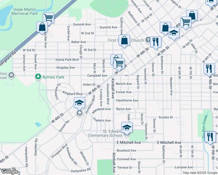 map of restaurants, bars, coffee shops, grocery stores, and more near 121 Graceline Boulevard in Waterloo