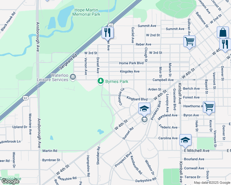map of restaurants, bars, coffee shops, grocery stores, and more near 808-898 Lawnhill Avenue in Waterloo