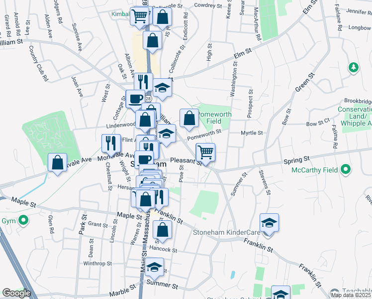 map of restaurants, bars, coffee shops, grocery stores, and more near 36 William Street in Stoneham