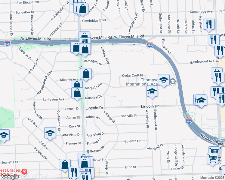 map of restaurants, bars, coffee shops, grocery stores, and more near 17311 Margate Avenue in Lathrup Village