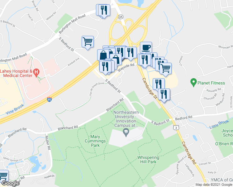 map of restaurants, bars, coffee shops, grocery stores, and more near 105 South Bedford Street in Burlington