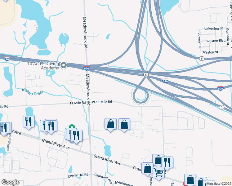 map of restaurants, bars, coffee shops, grocery stores, and more near 41050 West 11 Mile Road in Novi