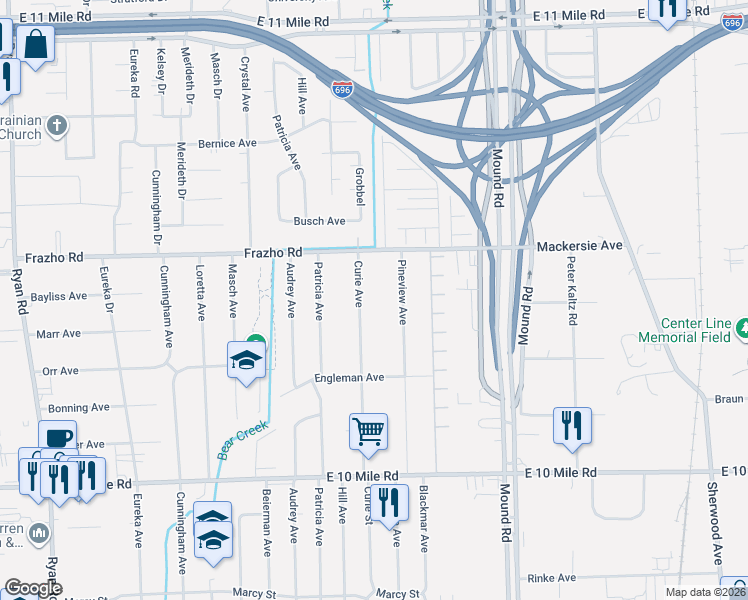 map of restaurants, bars, coffee shops, grocery stores, and more near 25797 Curie Avenue in Warren