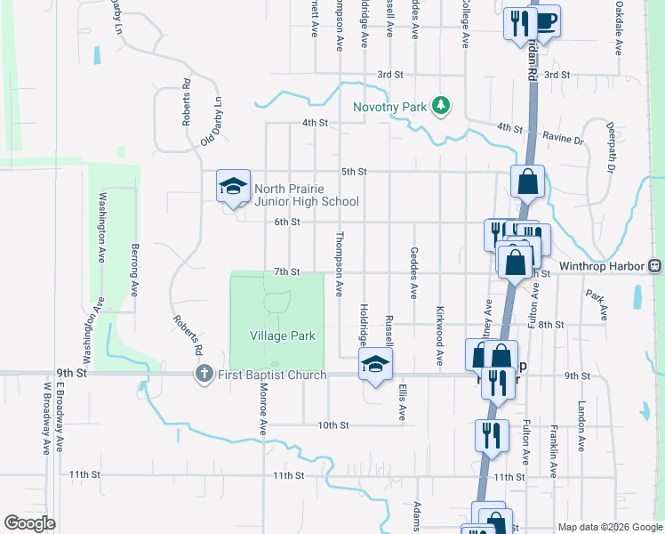 map of restaurants, bars, coffee shops, grocery stores, and more near 631 Thompson Avenue in Winthrop Harbor