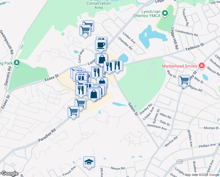 map of restaurants, bars, coffee shops, grocery stores, and more near 224 Salem Street in Swampscott