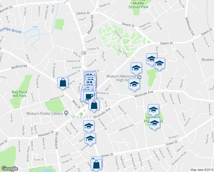 map of restaurants, bars, coffee shops, grocery stores, and more near 9 Ellis Court in Woburn