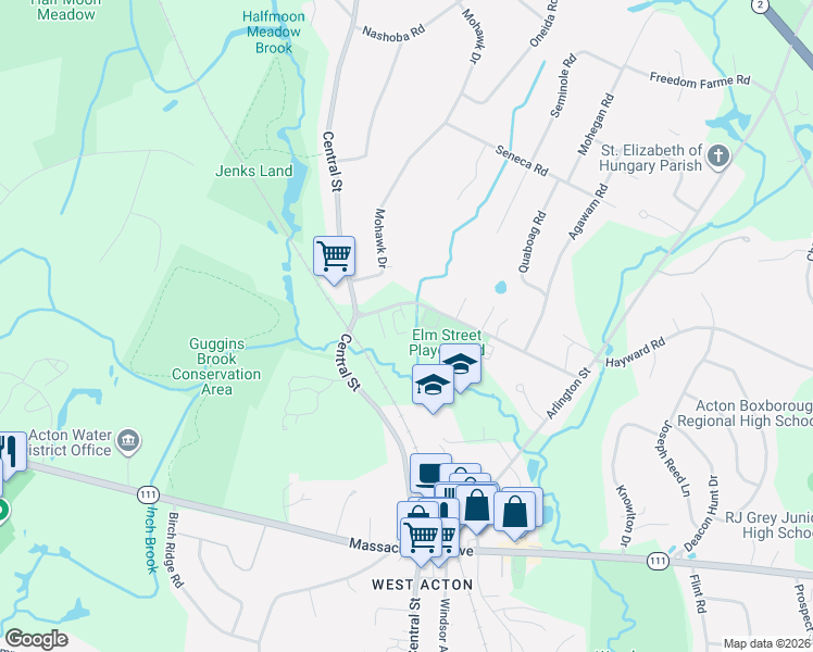 map of restaurants, bars, coffee shops, grocery stores, and more near 19 Elm Street in Acton