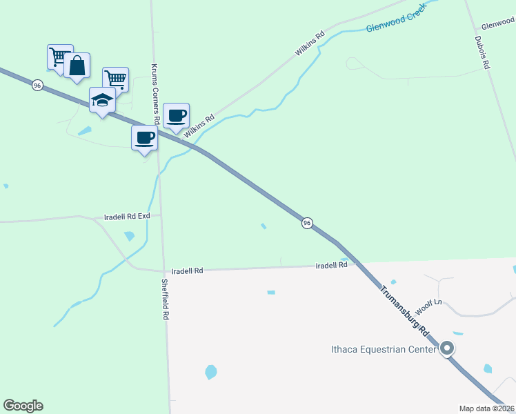 map of restaurants, bars, coffee shops, grocery stores, and more near 1500-1600 Highway 96 in Ithaca