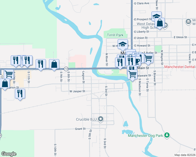 map of restaurants, bars, coffee shops, grocery stores, and more near 100-246 West Delaware Street in Manchester