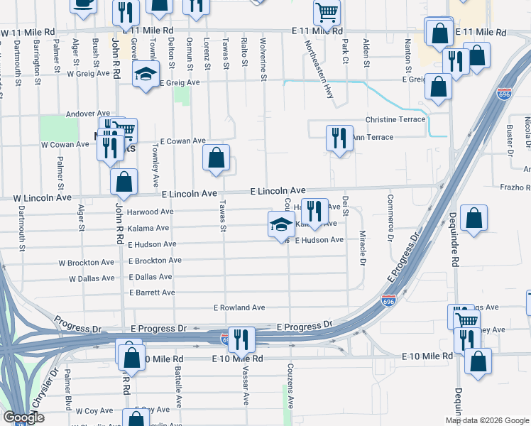 map of restaurants, bars, coffee shops, grocery stores, and more near 25836 Truman Street in Madison Heights